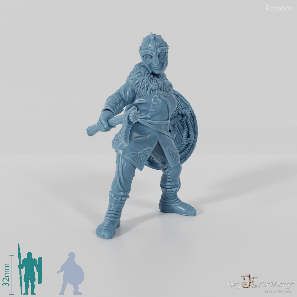 Helmeted shield maiden with ax and shield