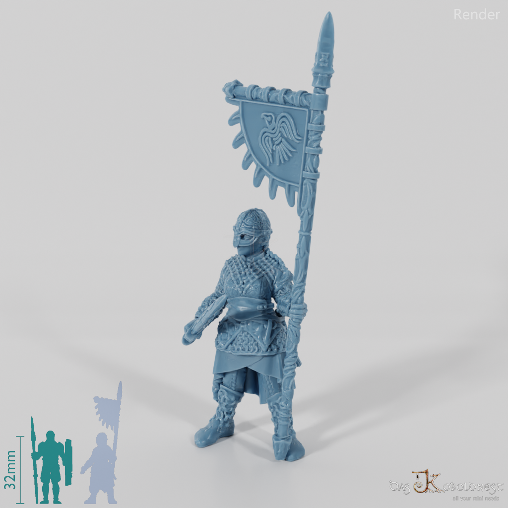 Helmeted shield maiden with sword and banner
