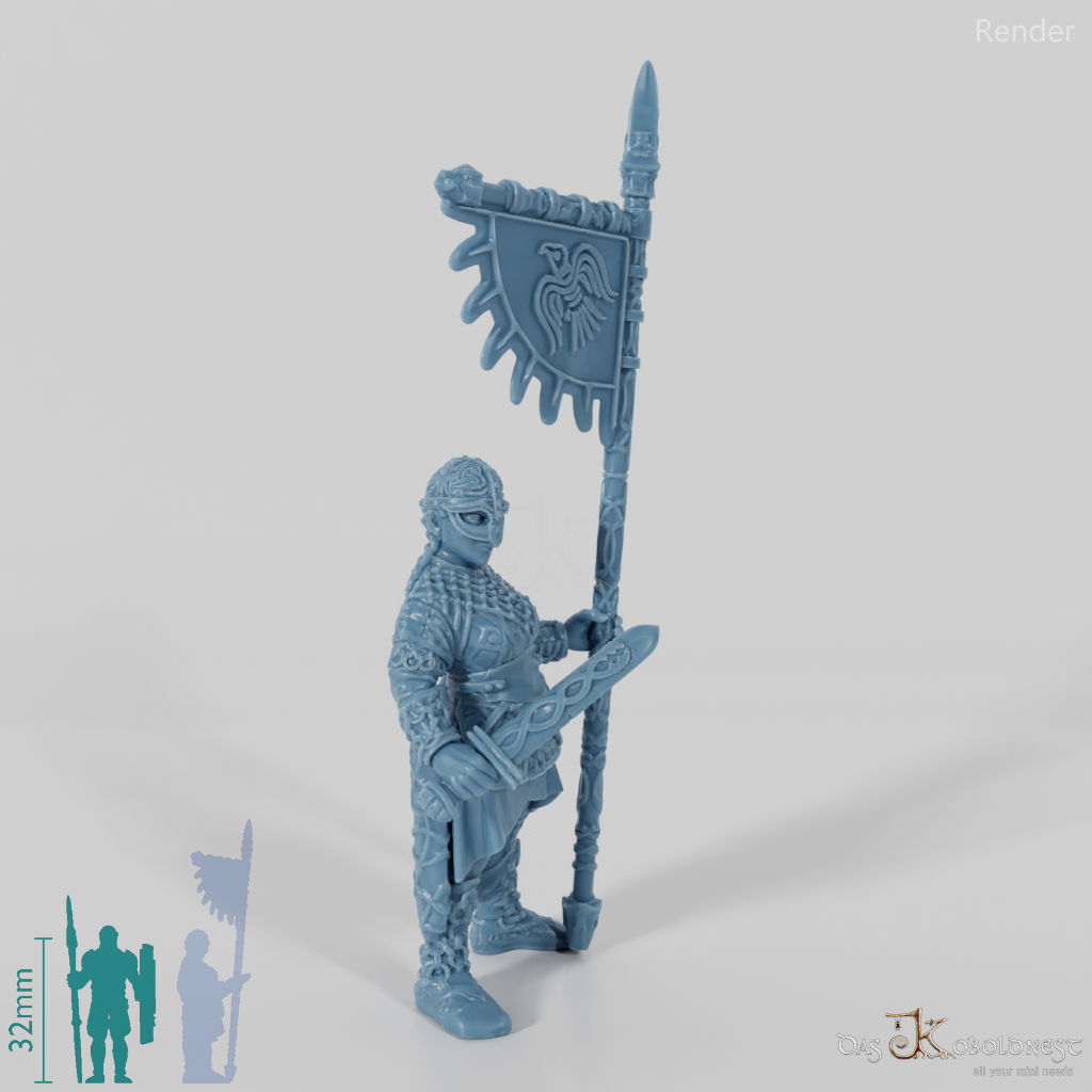 Helmeted shield maiden with sword and banner