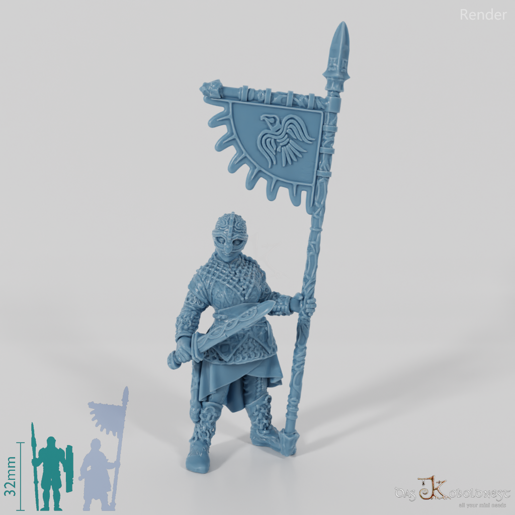 Helmeted shield maiden with sword and banner