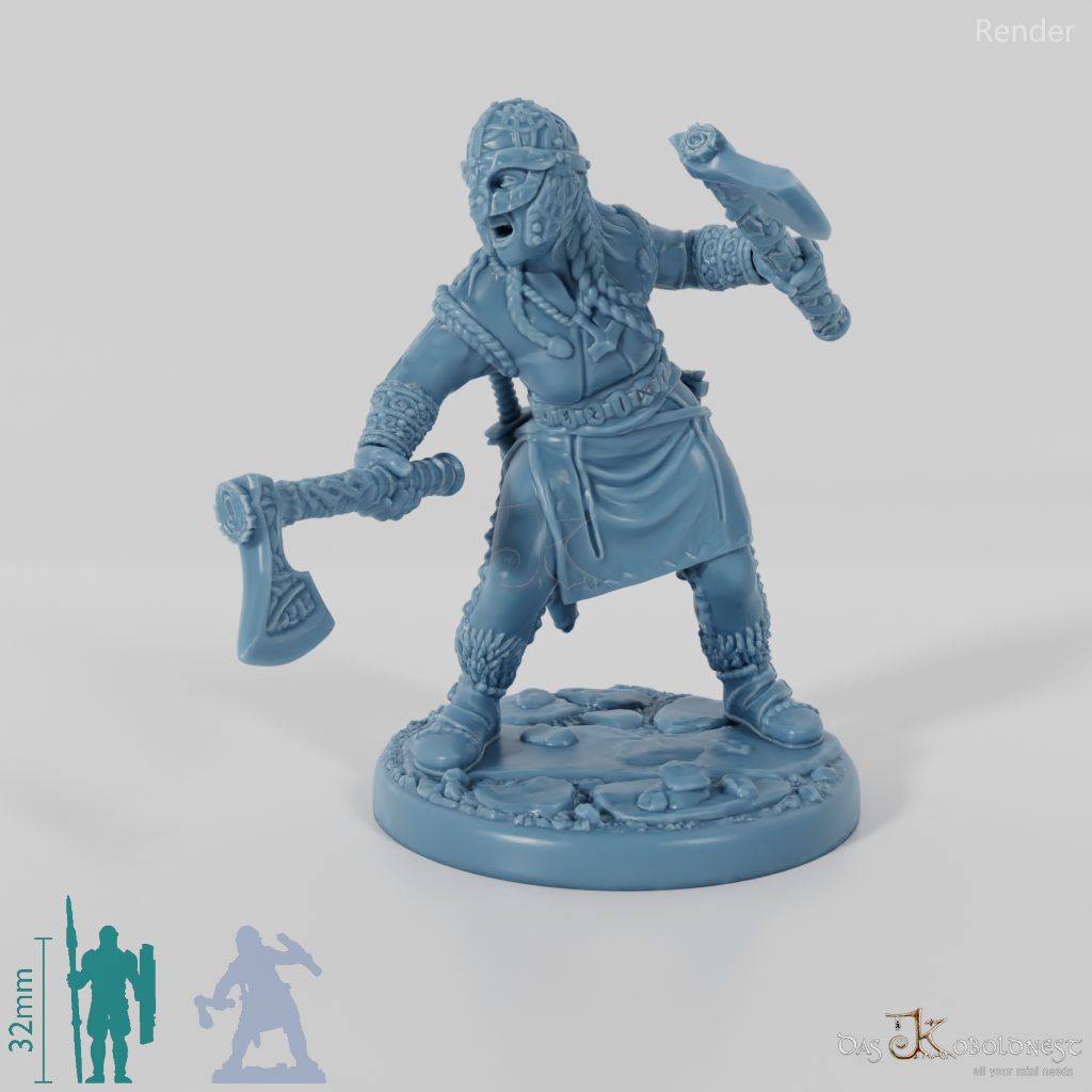 Helmeted shieldmaiden with one-handed axes