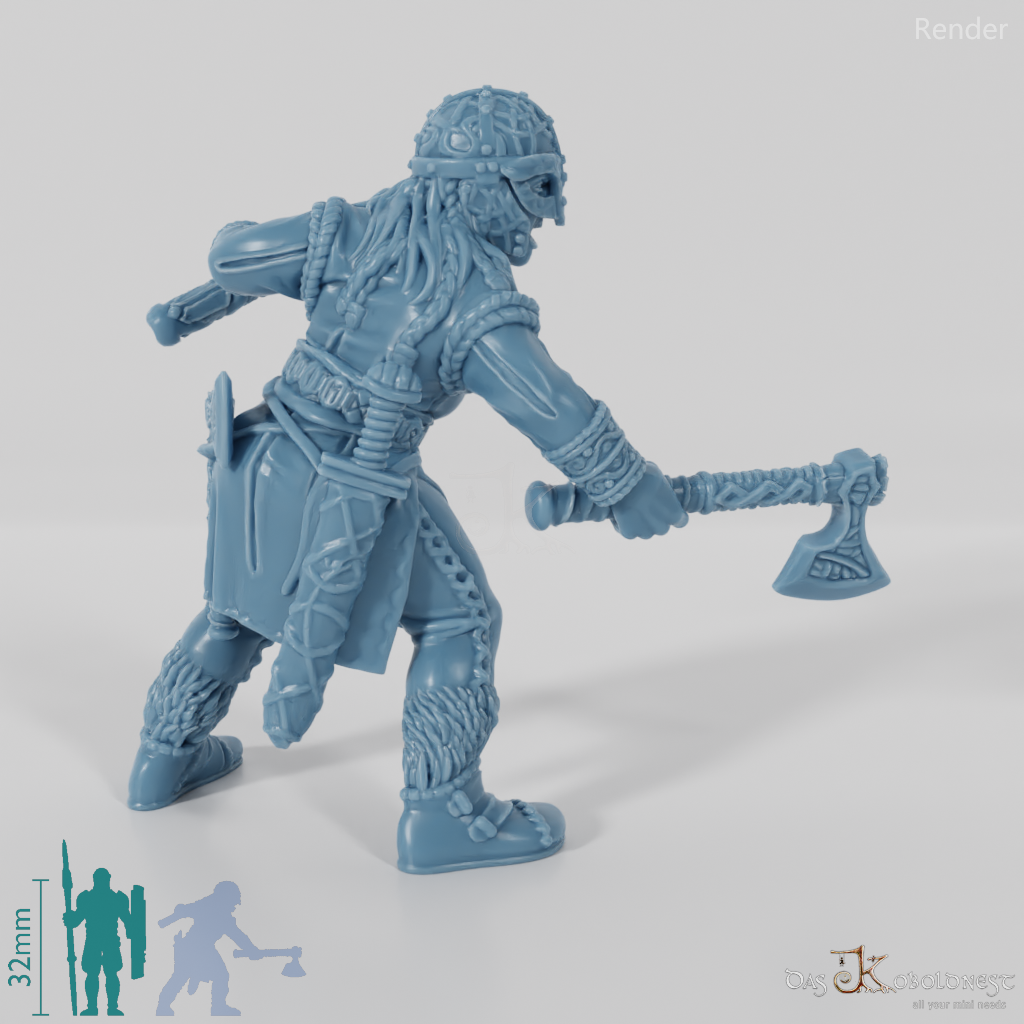 Helmeted shieldmaiden with one-handed axes