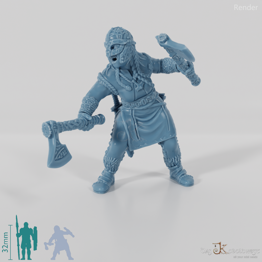 Helmeted shieldmaiden with one-handed axes