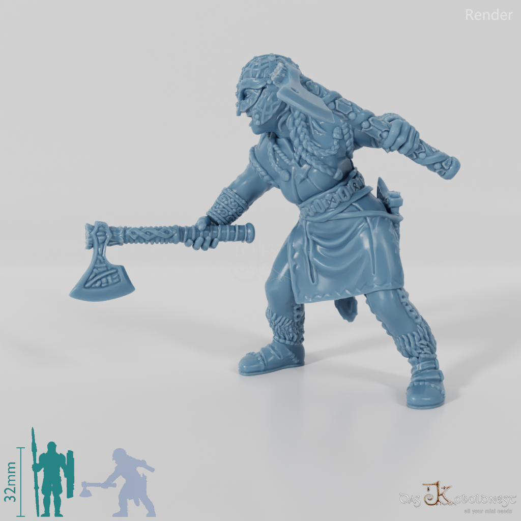 Helmeted shieldmaiden with one-handed axes