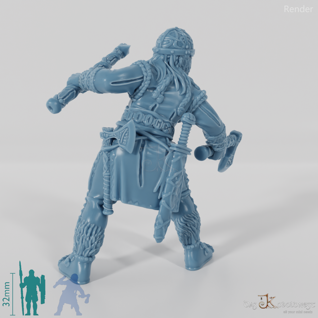 Helmeted shieldmaiden with one-handed axes