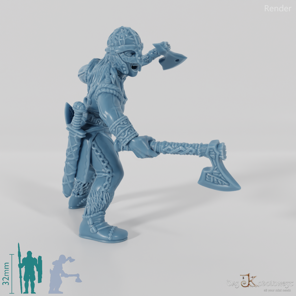 Helmeted shieldmaiden with one-handed axes