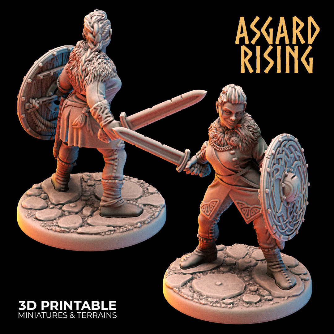 Nordic shieldmaiden with sword and shield