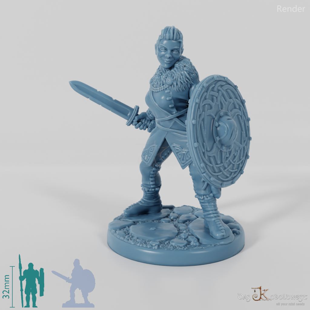 Nordic shieldmaiden with sword and shield