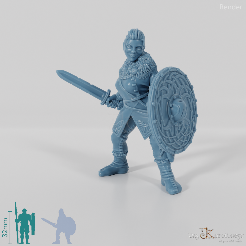 Nordic shieldmaiden with sword and shield