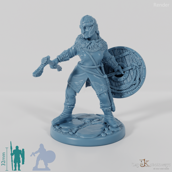Helmeted shield maiden with ax and shield