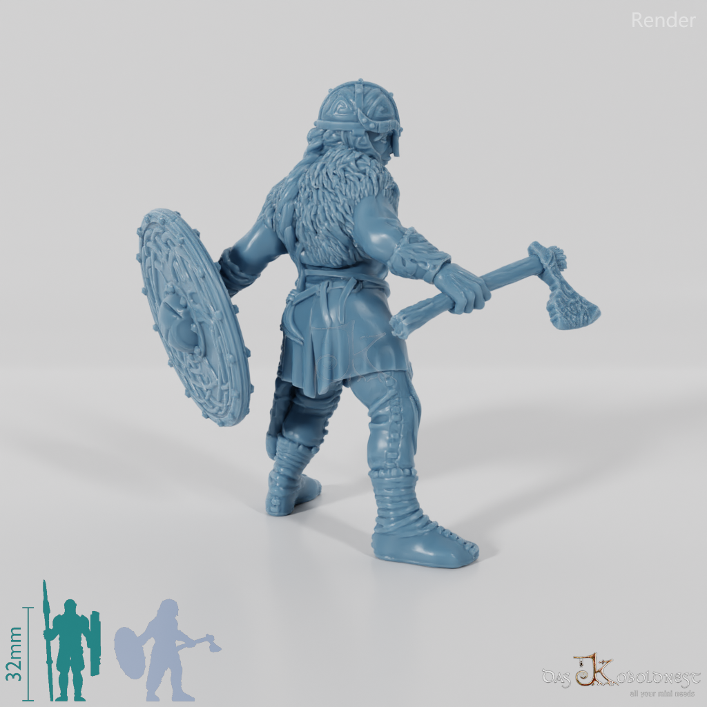 Helmeted shield maiden with ax and shield