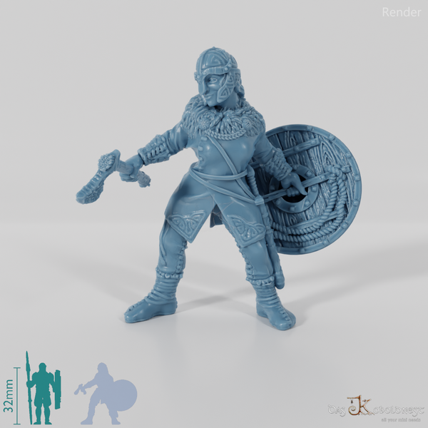 Helmeted shield maiden with ax and shield