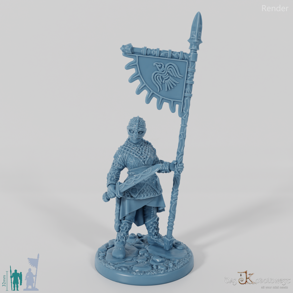 Helmeted shield maiden with sword and banner