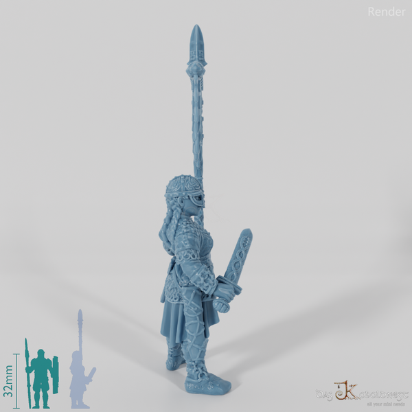 Helmeted shield maiden with sword and banner