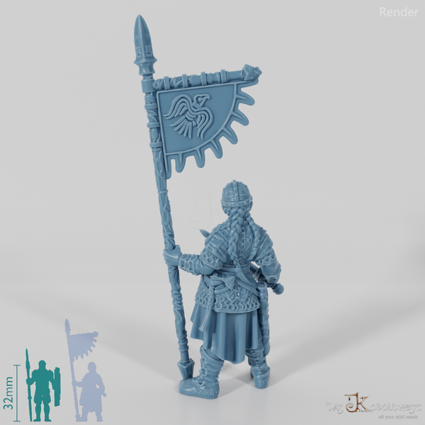 Helmeted shield maiden with sword and banner