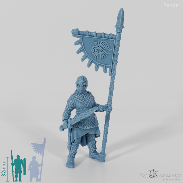Helmeted shield maiden with sword and banner