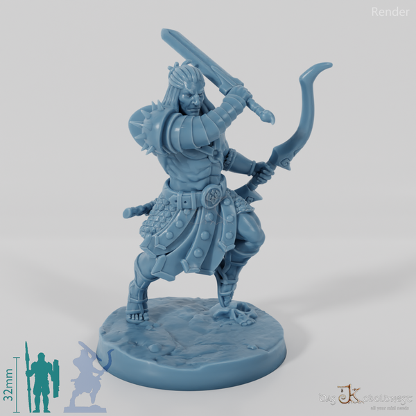 Rhom der Unerbittliche, Menschen-Gladiator mit Schwert und Bogen