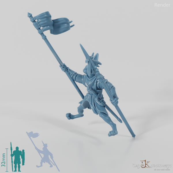 Rabbit people banner bearer in riding pose