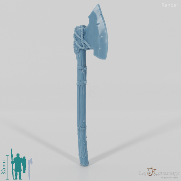 Two-handed ax with metal-reinforced shaft