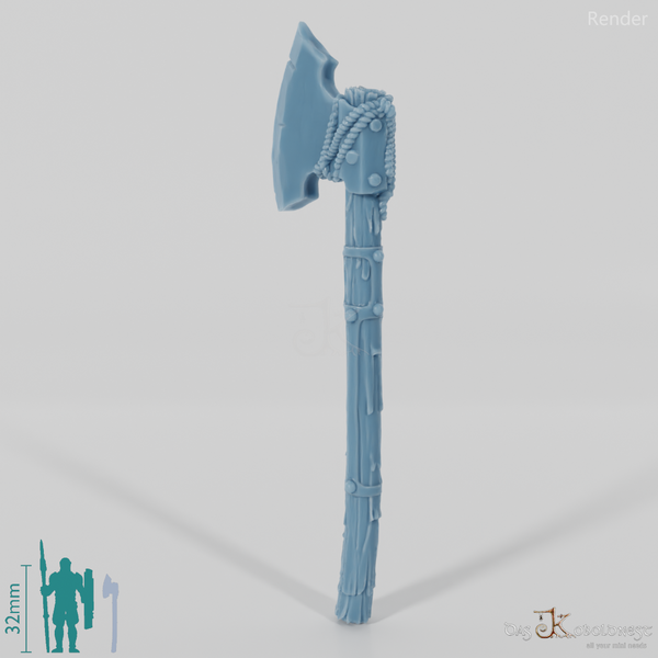 Two-handed ax with metal-reinforced shaft