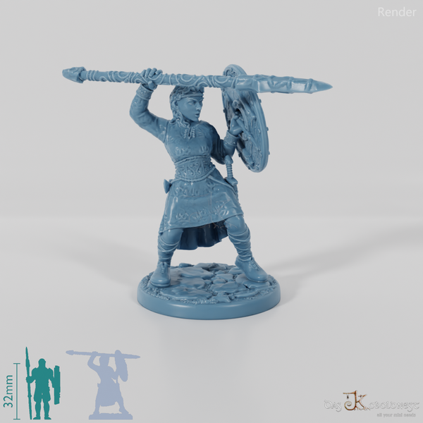 Nordic shieldmaiden with shield and raised spear