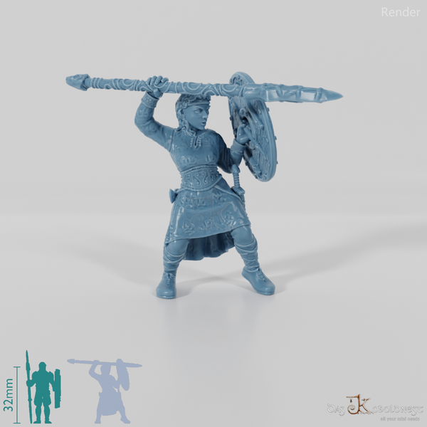 Nordic shieldmaiden with shield and raised spear