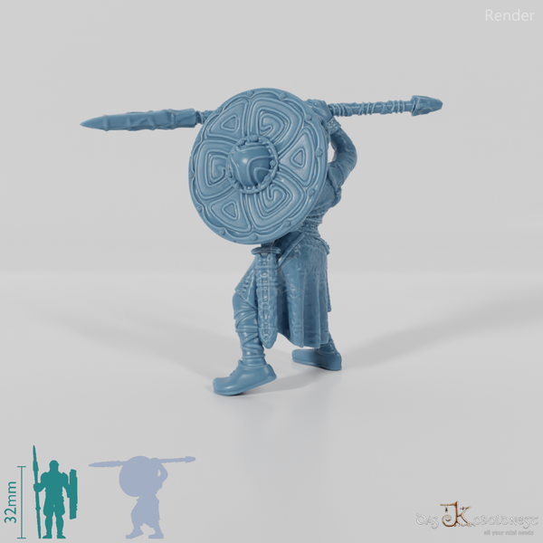 Nordic shieldmaiden with shield and raised spear