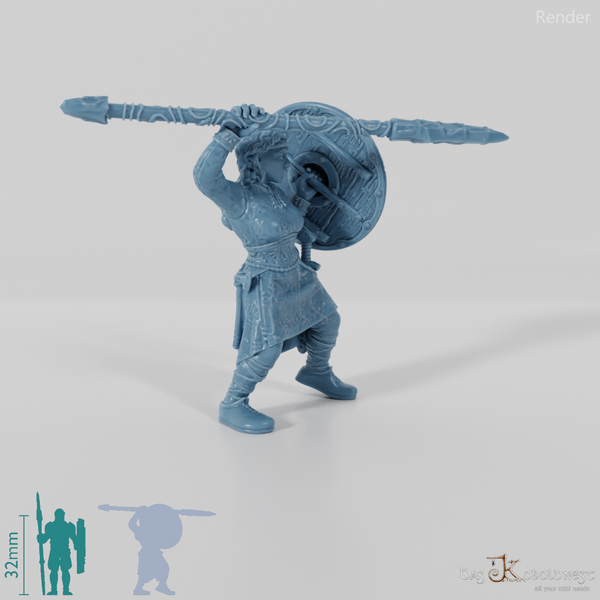 Nordic shieldmaiden with shield and raised spear