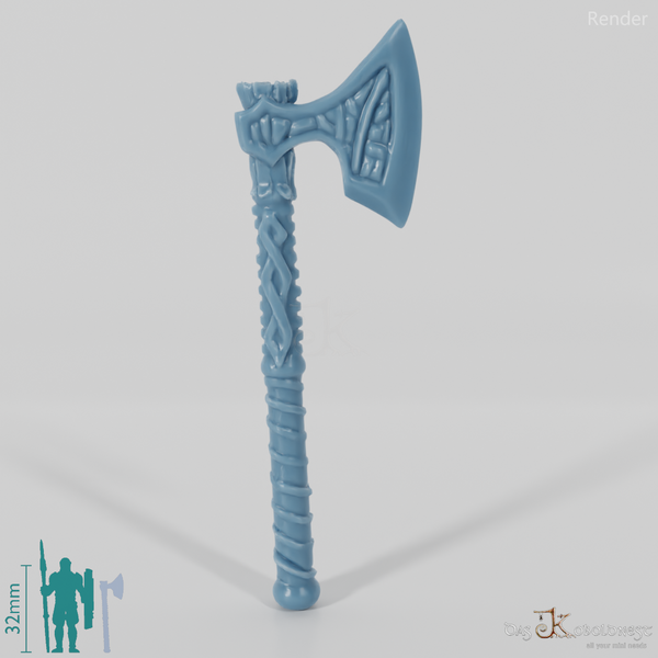 Two-handed ax with leather-wrapped handle