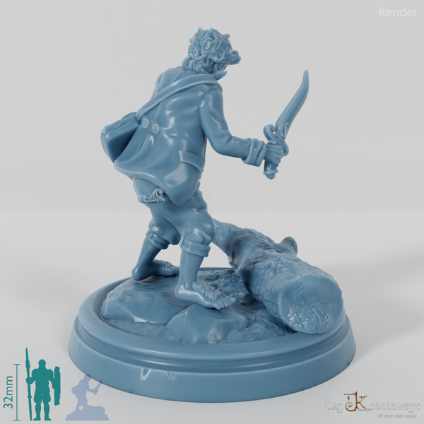 Falco, halfling treasure bearer in a fighting stance