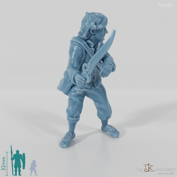 Falco, halfling treasure bearer in a fighting stance