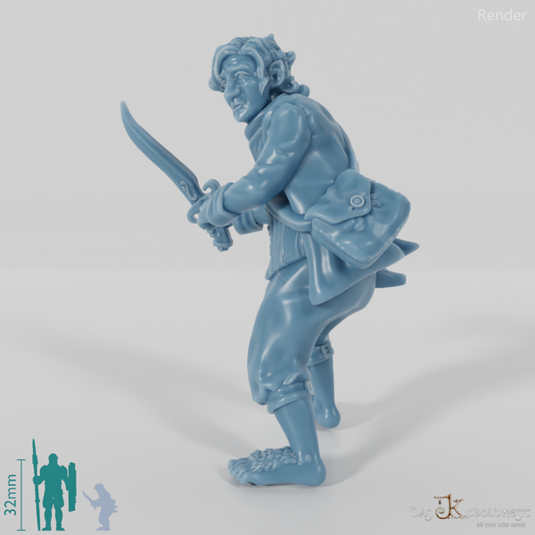 Falco, halfling treasure bearer in a fighting stance