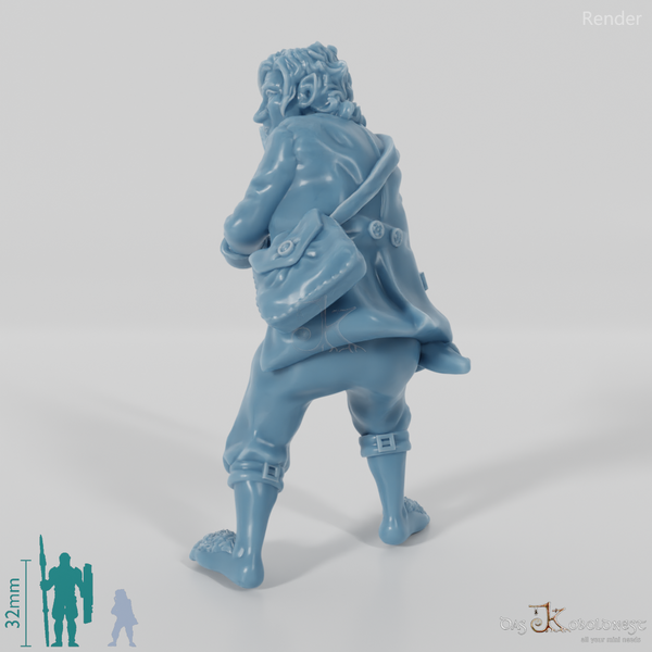 Falco, halfling treasure bearer in a fighting stance