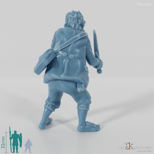 Falco, halfling treasure bearer in a fighting stance