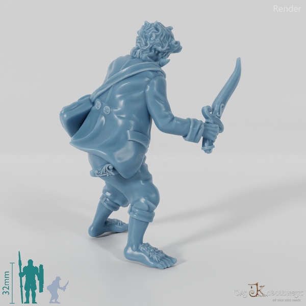 Falco, halfling treasure bearer in a fighting stance