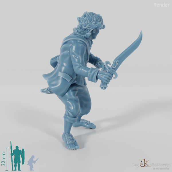 Falco, halfling treasure bearer in a fighting stance