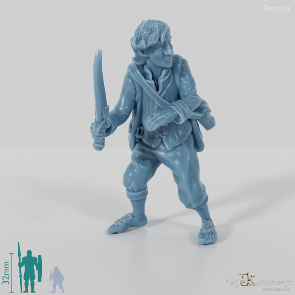 Falco, halfling treasure bearer in a fighting stance