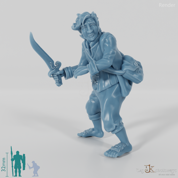 Falco, halfling treasure bearer in a fighting stance