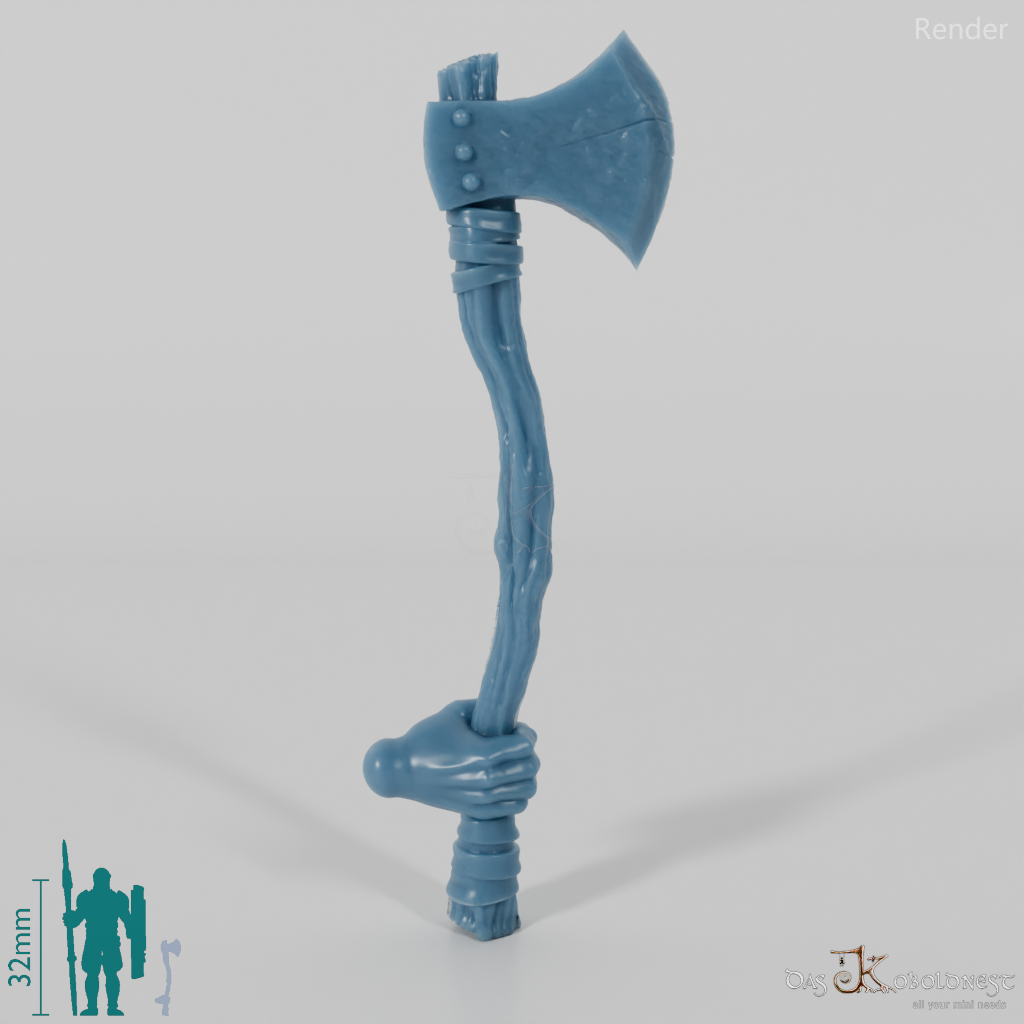 Halfling battle ax, gripped at the bottom with hand