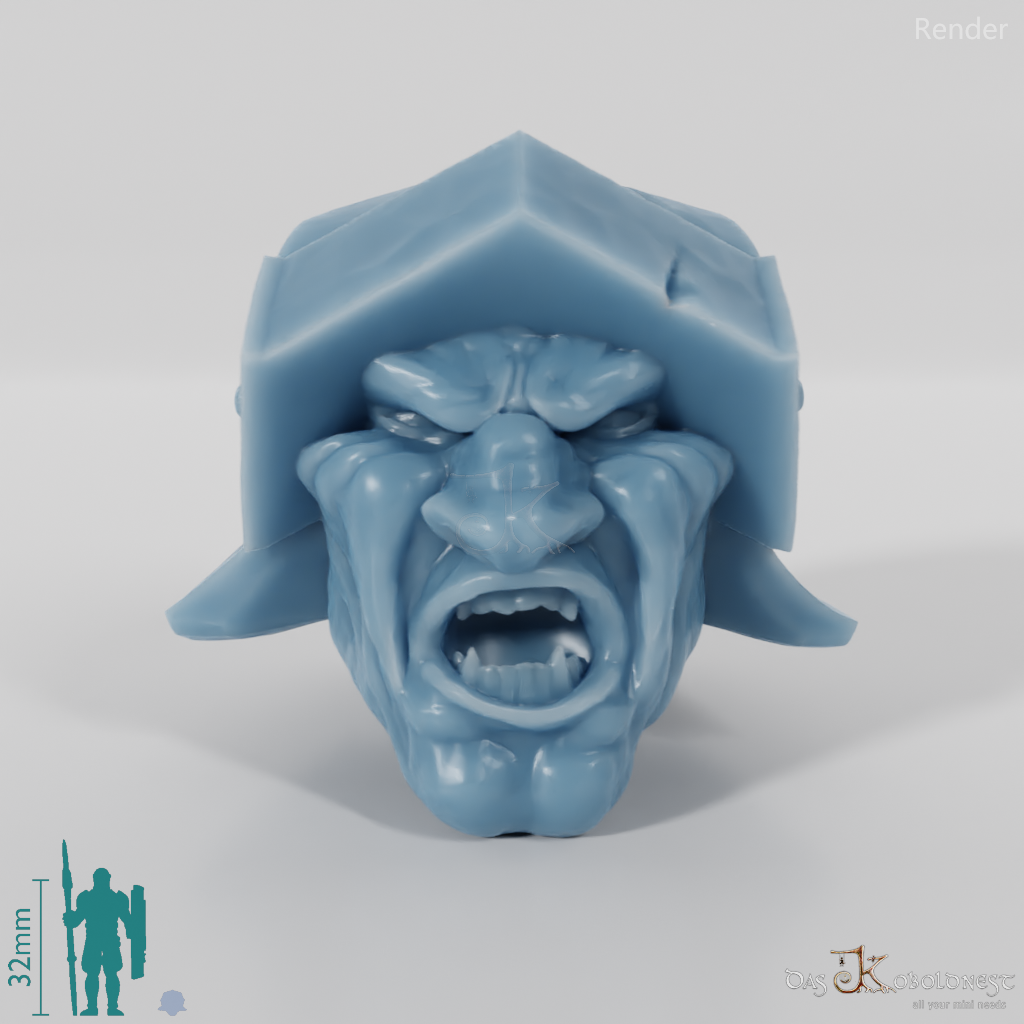 Half-orc head with open helmet, screaming