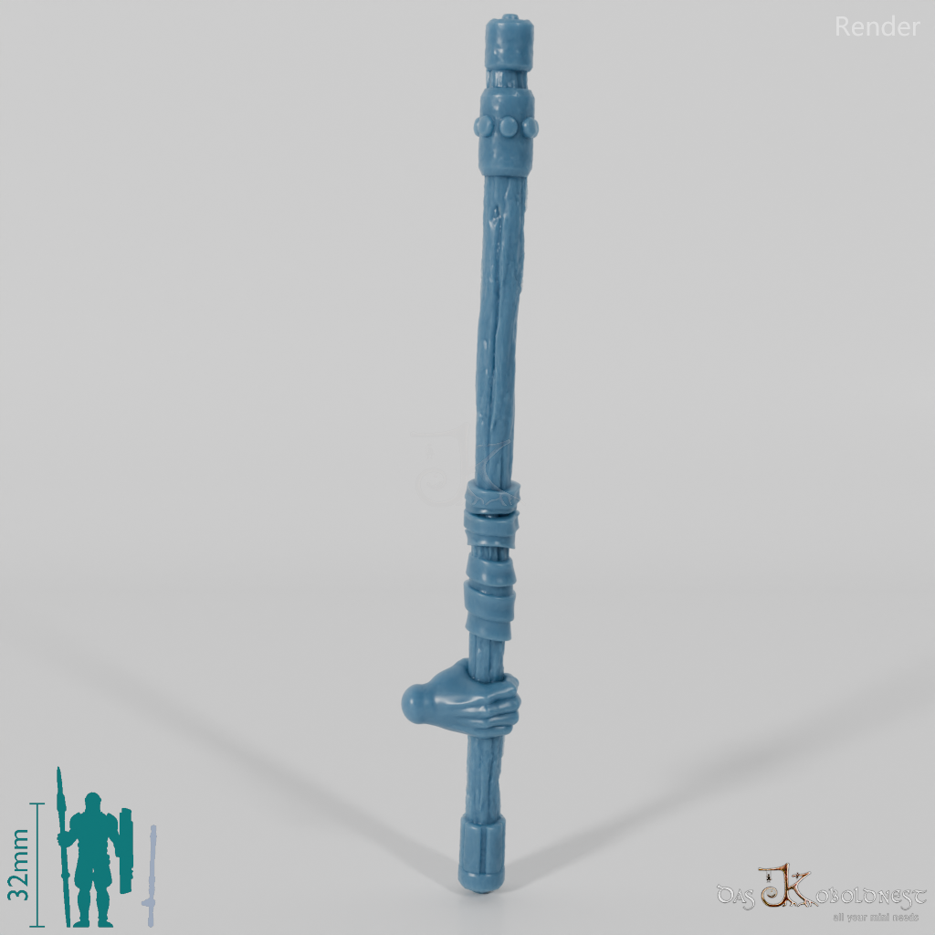 Halfling quarterstaff, gripped at the bottom by hand