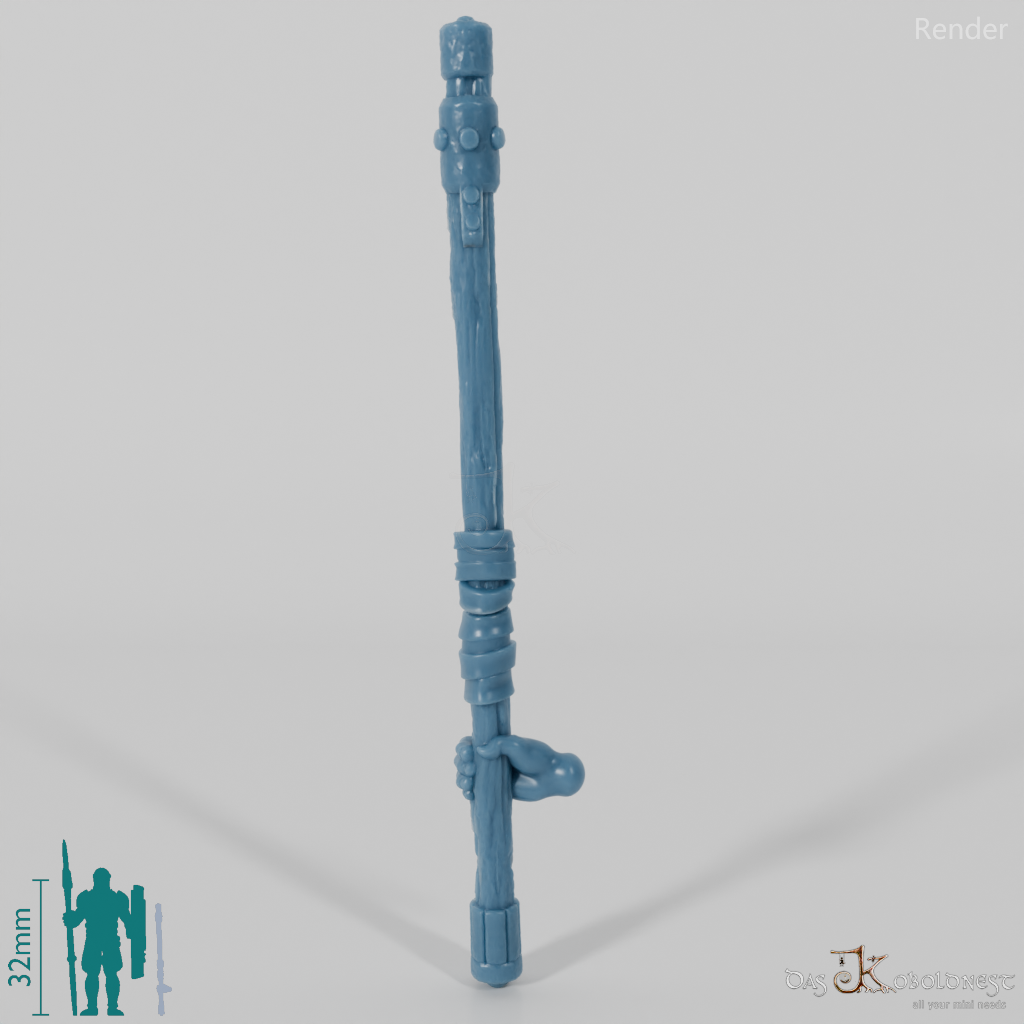 Halfling quarterstaff, gripped at the bottom by hand