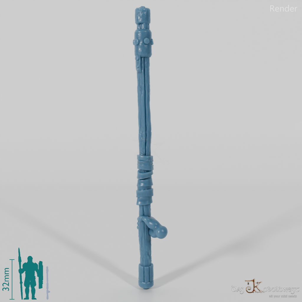 Halfling quarterstaff, gripped at the bottom by hand