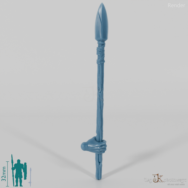 Halfling spear A, gripped at the bottom with hand