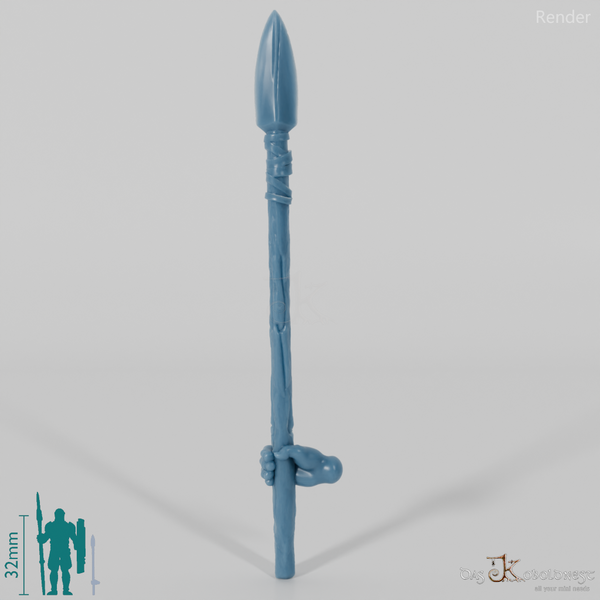 Halfling spear A, gripped at the bottom with hand